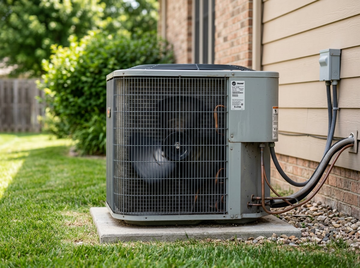 Outdoor AC condenser unit with clear airflow space around it