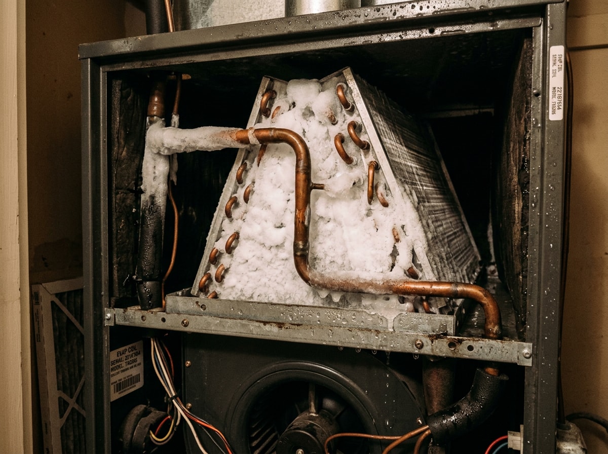 Close-up of a frozen evaporator coil inside an indoor air handler