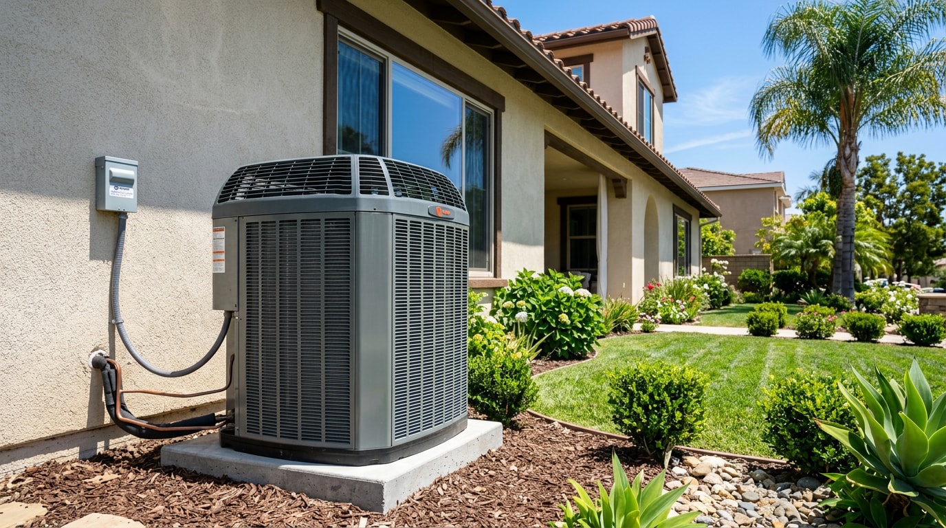 Outdoor central air conditioning condenser unit at a Roseville, CA home