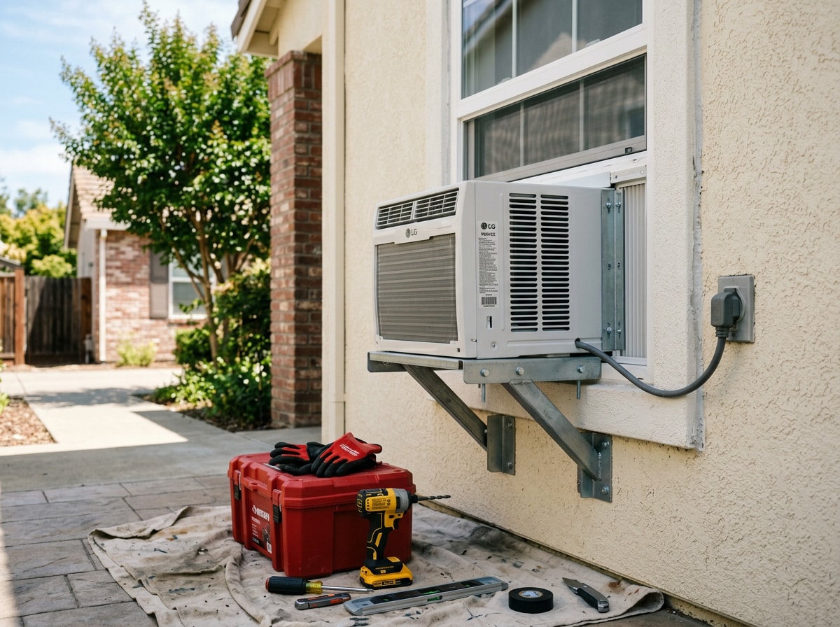 Technician installing a window air conditioning unit in a Sacramento home