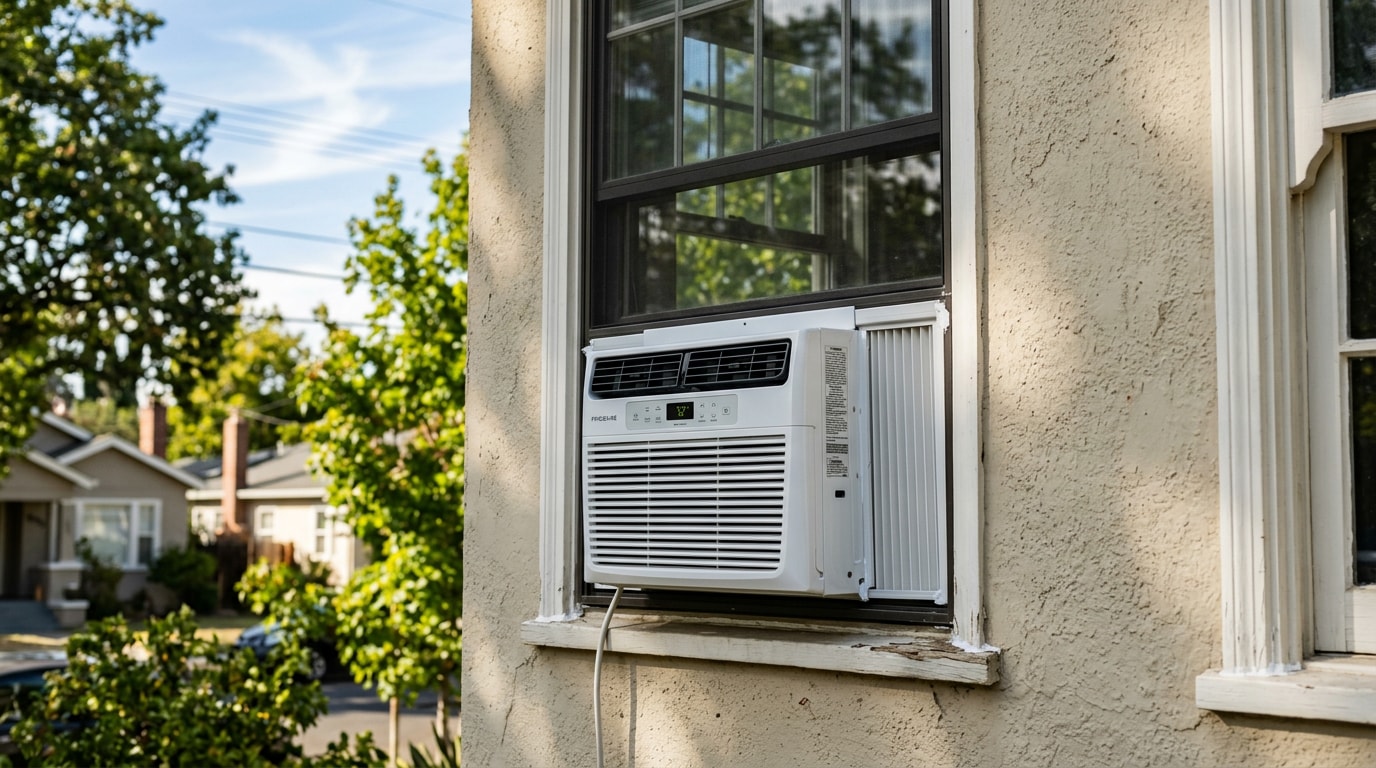 Window air conditioning unit installed in a Sacramento home bedroom window Window air conditioning unit installed in a Sacramento home bedroom window