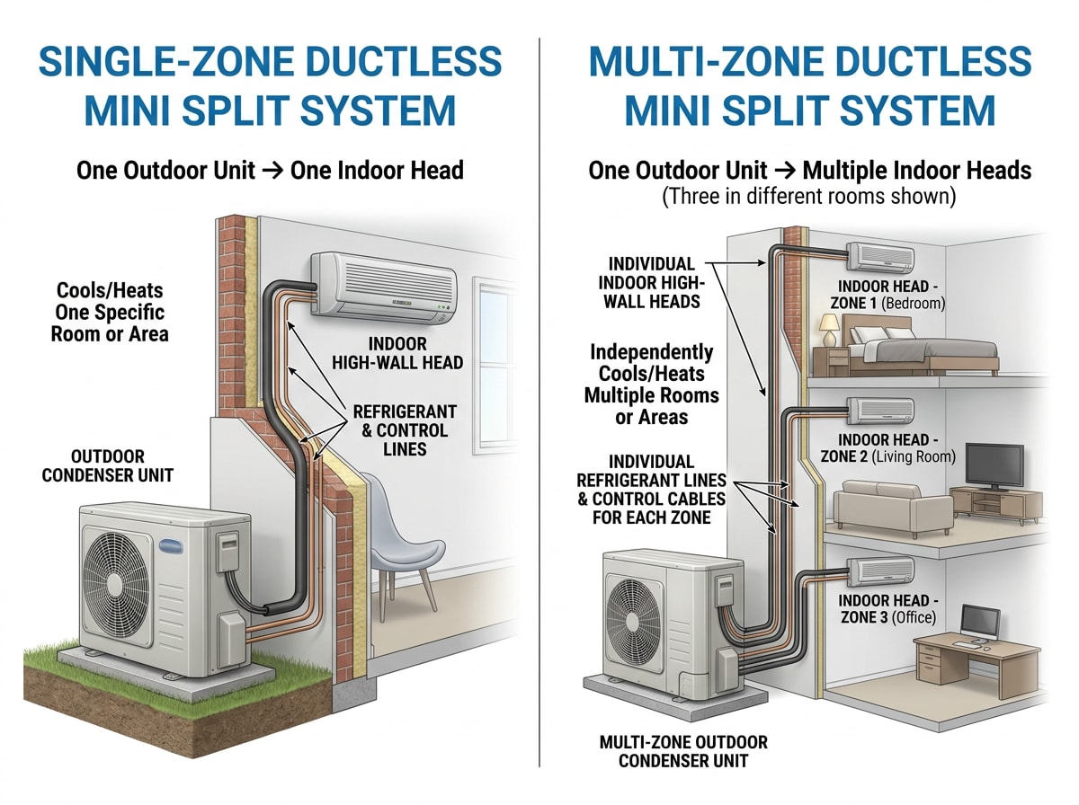 Side-by-side diagram comparing single-zone and multi-zone ductless mini split layouts