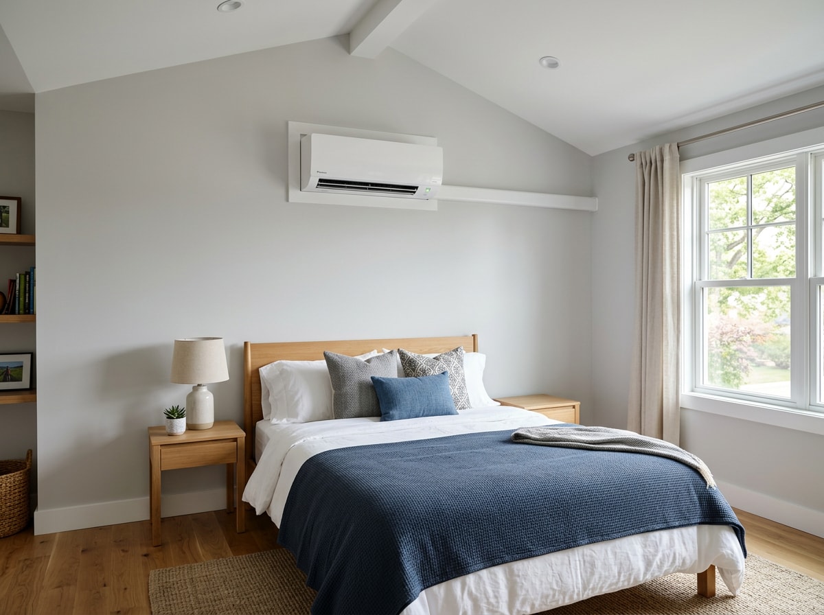 Ductless mini split indoor unit mounted above a bed in an upstairs bonus room