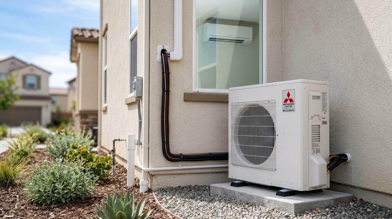 AC mini split unit installed outside a Roseville, CA home
