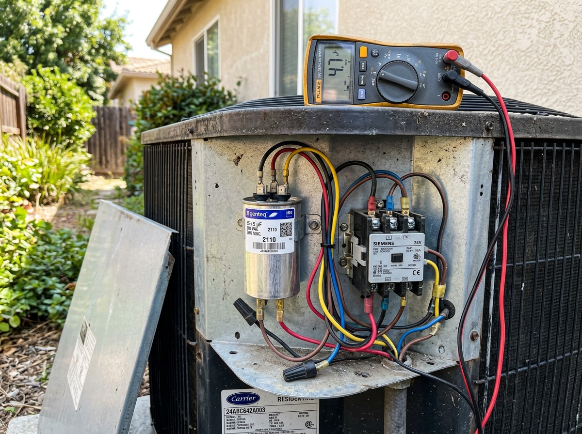 Technician inspecting an outdoor AC condenser unit during a Sacramento service call