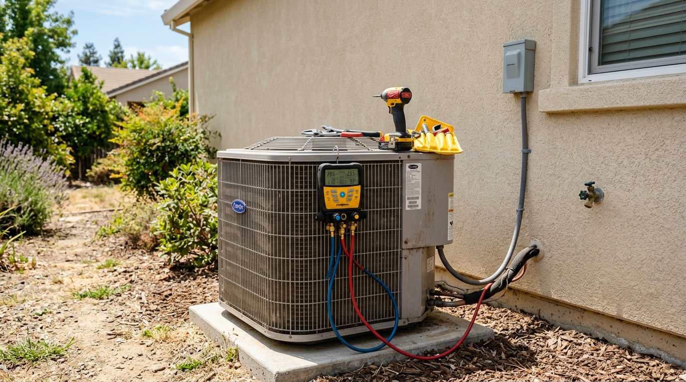 Outdoor AC condenser unit during a Sacramento air conditioning repair service call Outdoor AC condenser unit during a Sacramento air conditioning repair service call