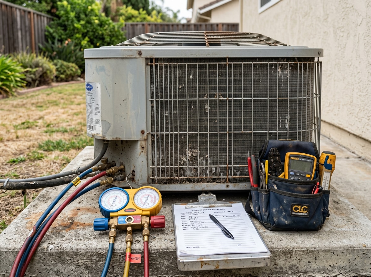 HVAC technician inspecting an outdoor condenser unit at a Lincoln, CA home before an AC replacement