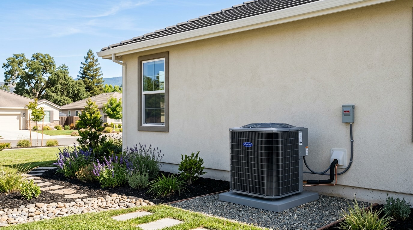 New central air conditioning condenser installed outside a Lincoln, CA home