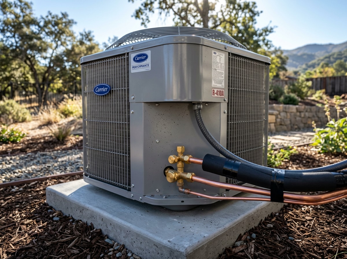 Close-up of a newly installed outdoor condensing unit with copper refrigerant lines and a brass service valve in a backyard