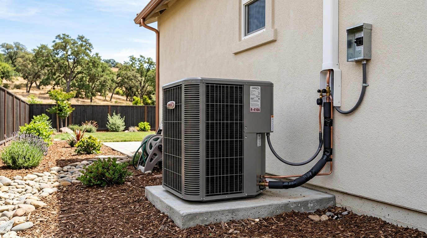 Air cooled condenser unit installed outside a home in El Dorado Hills, CA