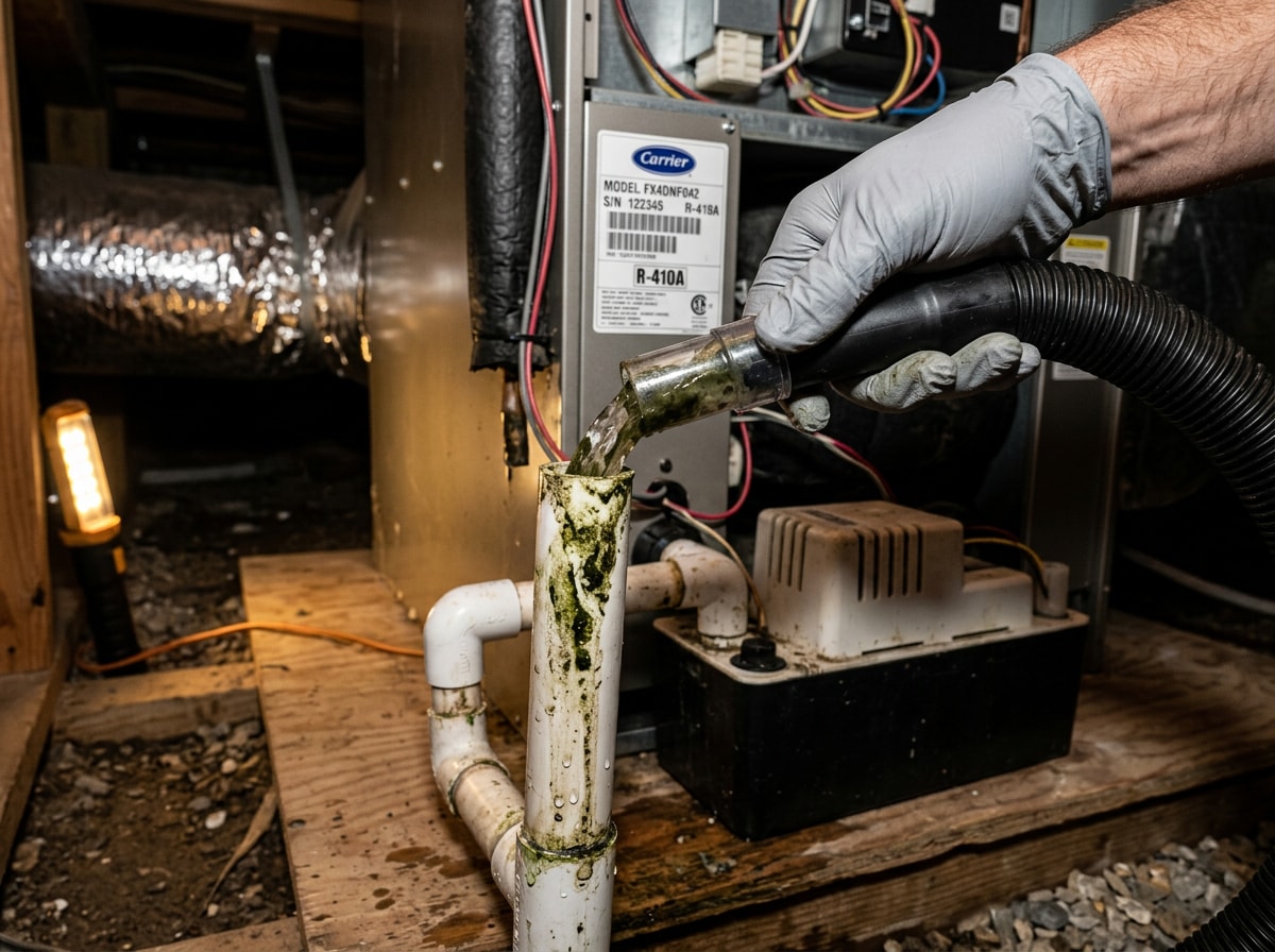 Technician clearing a clogged condensate drain line on a residential AC unit
