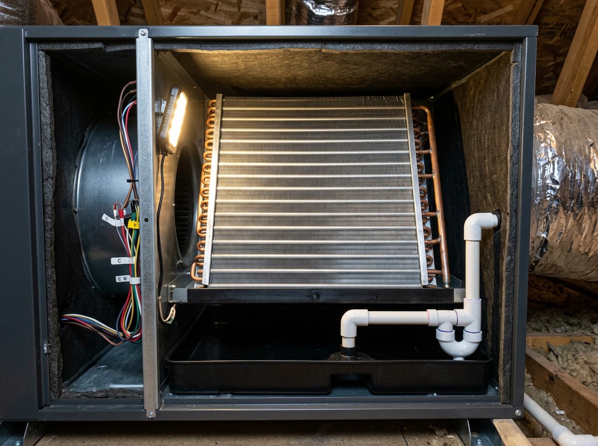 Close-up of a serviced evaporator coil and condensate pan inside an air handler