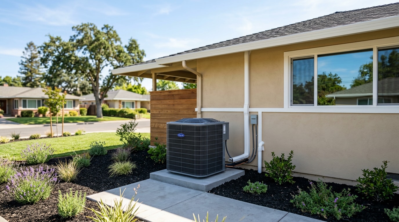 Residential central air conditioning condenser unit installed outside a Carmichael, CA home Residential central air conditioning condenser unit installed outside a Carmichael, CA home