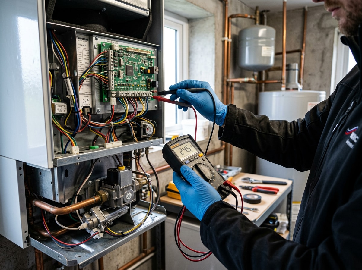 Technician inspecting a residential boiler system in a Citrus Heights home