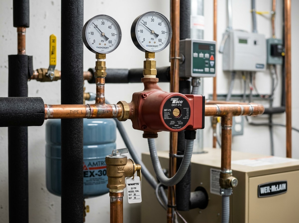 Close-up diagram-style photo of boiler circulator pump and pressure relief valve components