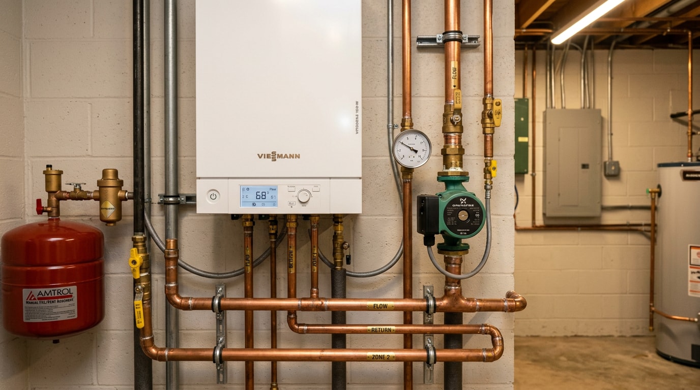 Residential boiler heating system installed in a Citrus Heights, CA home utility room