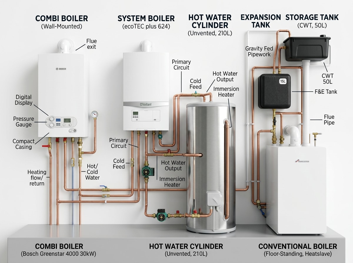 Side-by-side comparison of combi, system, and conventional boiler setups in a Lincoln, CA home