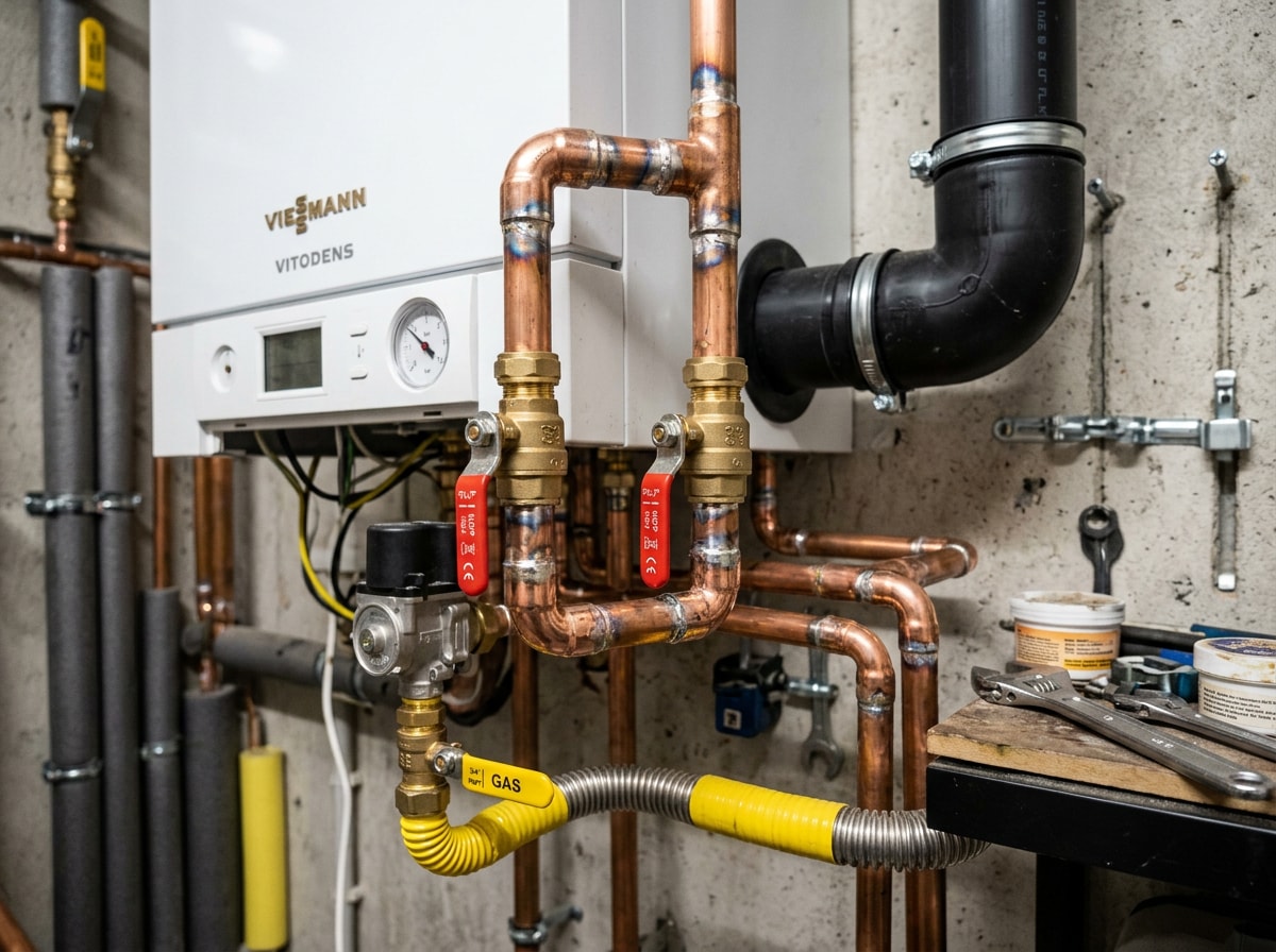 Licensed technician connecting pipework and venting during a residential boiler installation