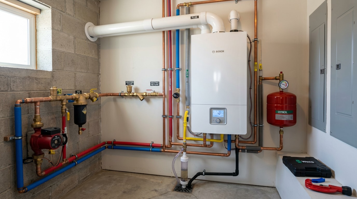 Newly installed high-efficiency condensing boiler in a Lincoln, CA home mechanical room