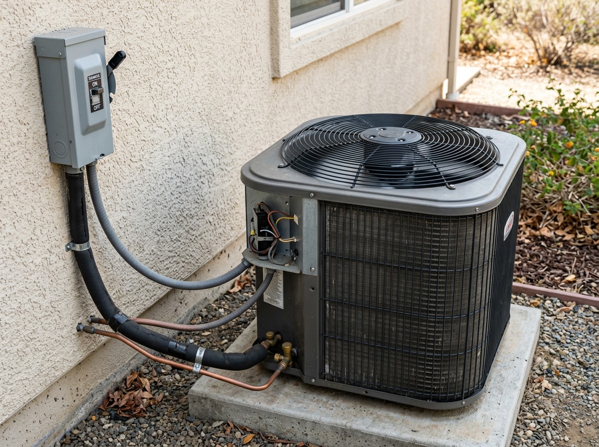Residential central air conditioner condenser unit installed outside a Sacramento home