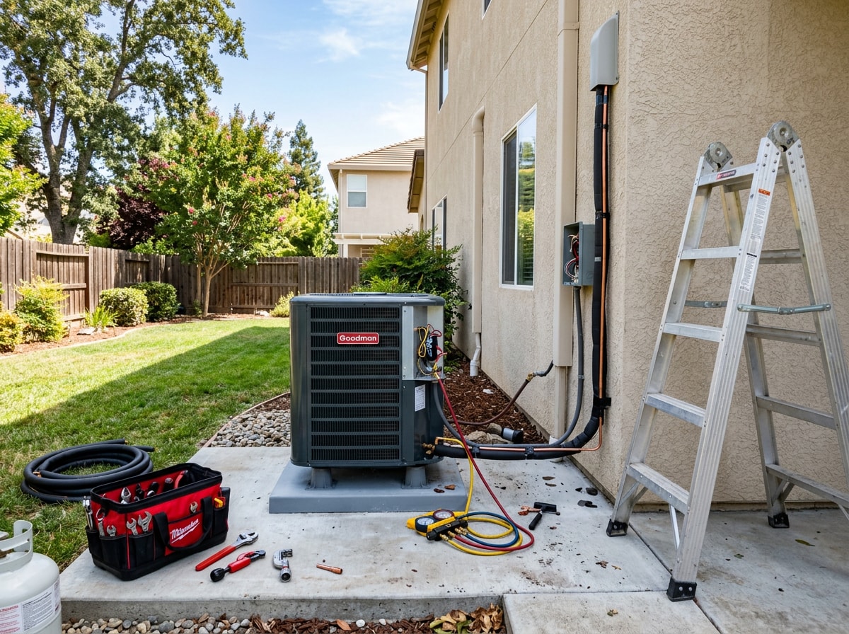 HVAC technician installing an outdoor central air conditioner unit for a Sacramento home