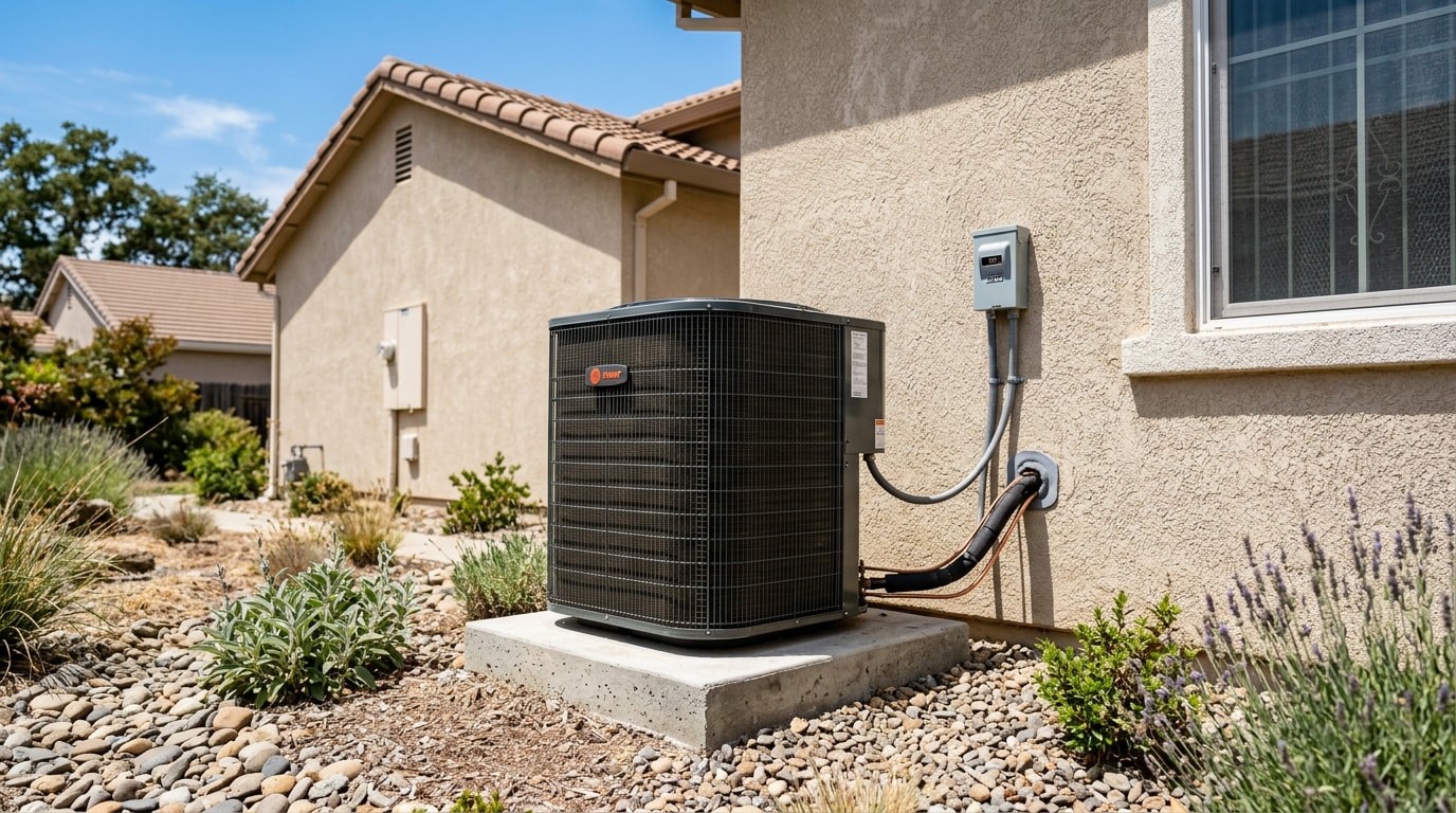Central air conditioner condenser unit outside a Sacramento, CA home Central air conditioner condenser unit outside a Sacramento, CA home