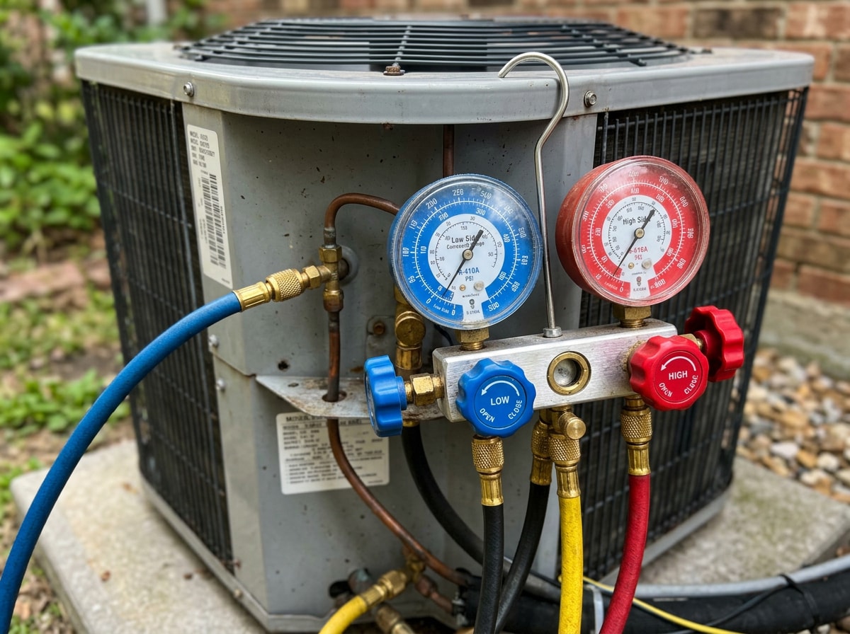 Technician's gauges connected to an outdoor AC condenser during a diagnostic check