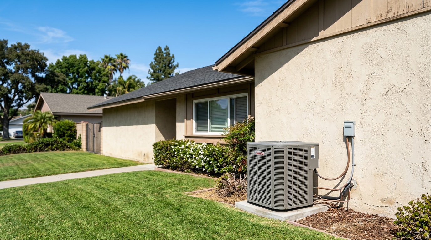 Residential outdoor air conditioning condenser unit outside a home in Arden-Arcade, CA