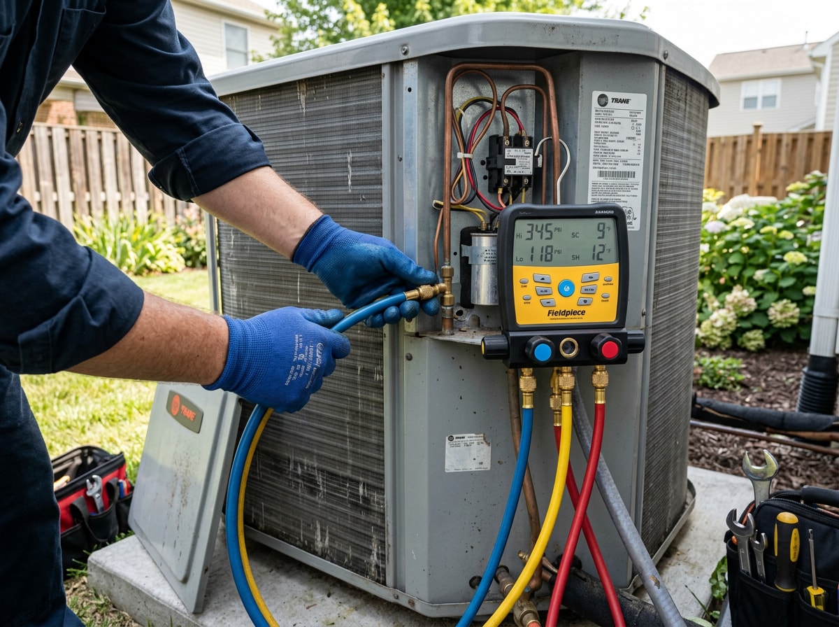 Technician servicing an outdoor AC condenser unit in Citrus Heights