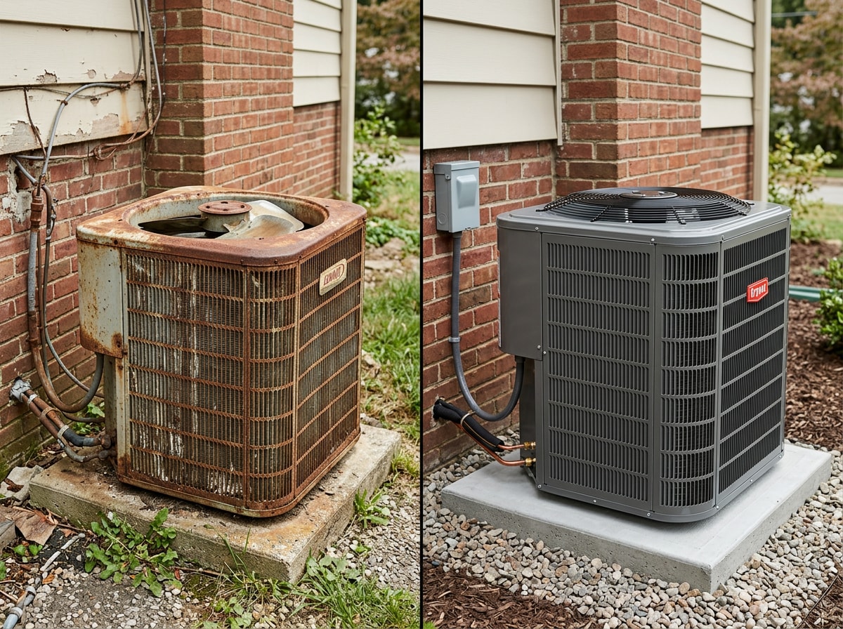 Side-by-side comparison of an aging HVAC unit and a new high-efficiency replacement