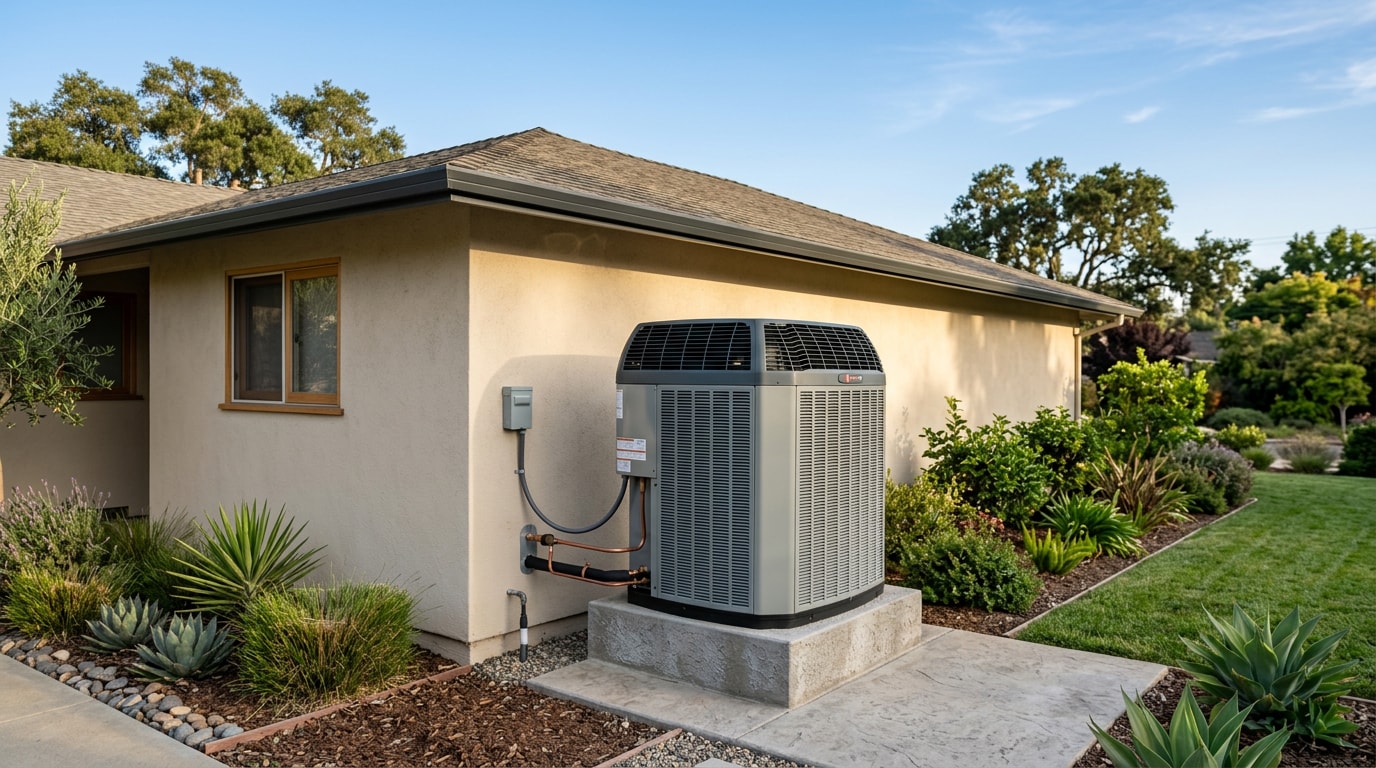 Residential heat pump and AC condenser unit installed outside a Citrus Heights, CA home Residential heat pump and AC condenser unit installed outside a Citrus Heights, CA home