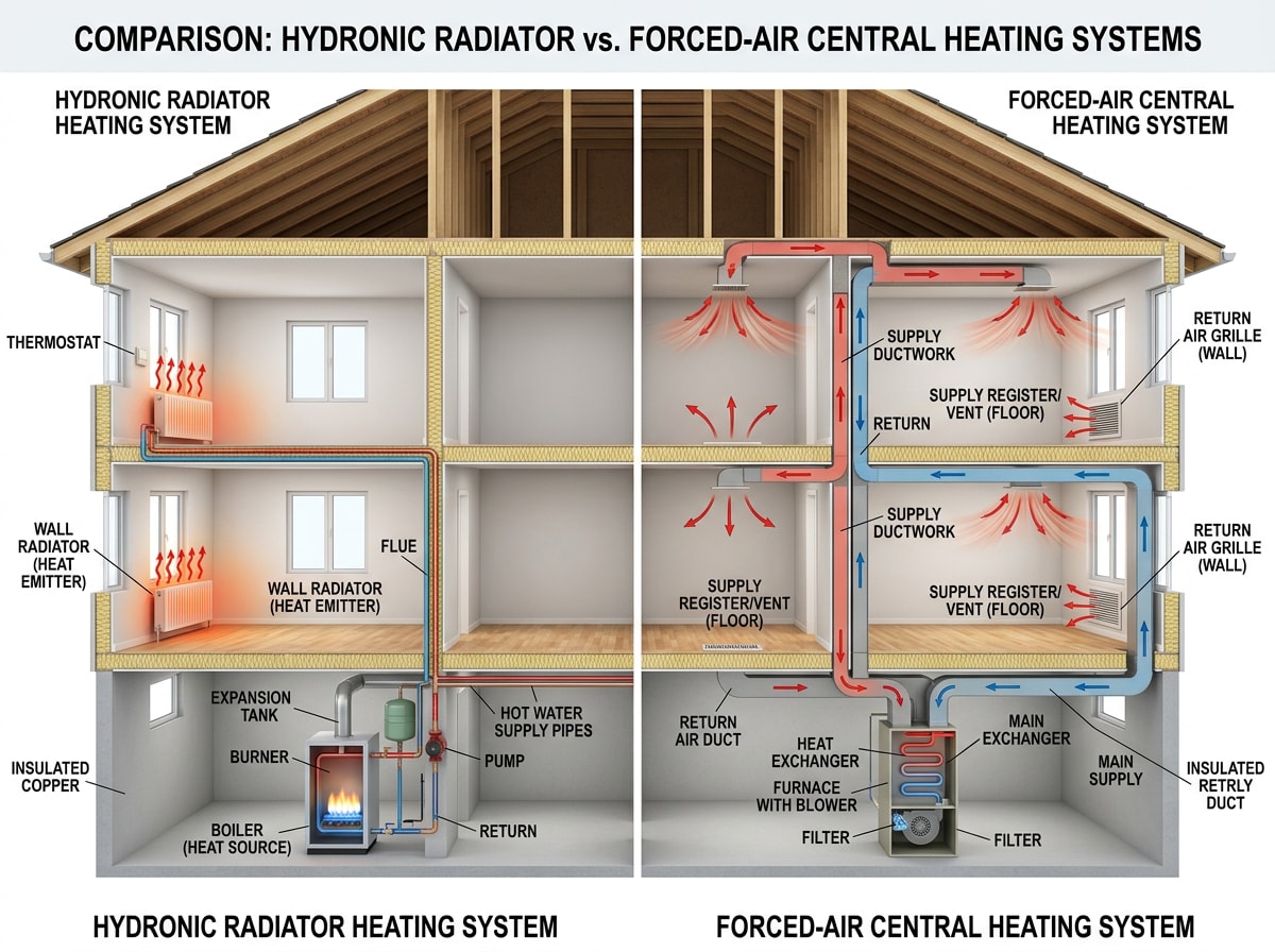 Diagram comparing hydronic radiator heating system to forced-air central heating ductwork