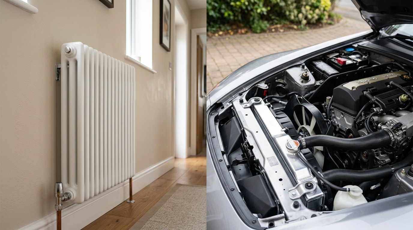 Home heating radiator and car radiator side by side representing heating radiators in Rancho Cordova, CA