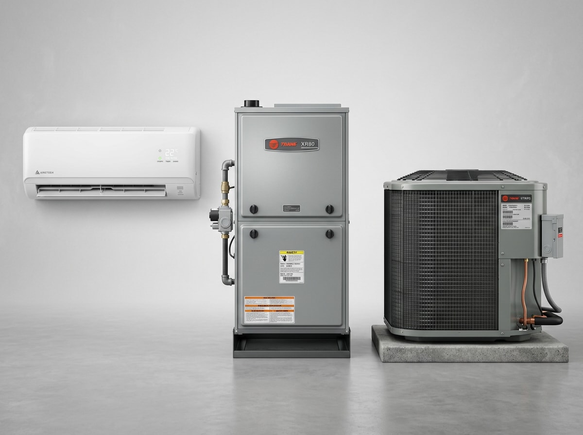 Overview of different types of home heating systems including a furnace, heat pump, and ductless mini-split unit