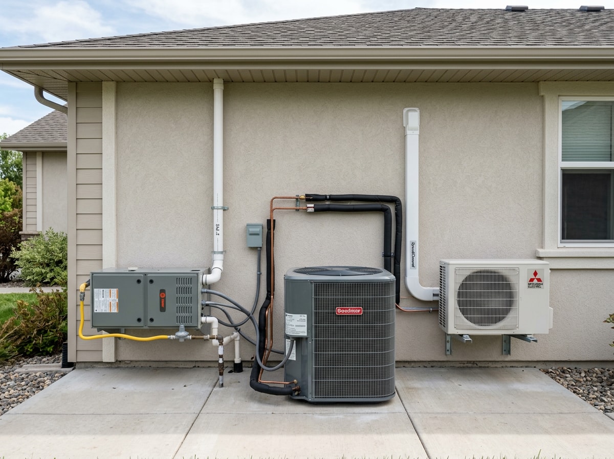 Comparison of furnace, heat pump, and ductless mini-split equipment installed side by side