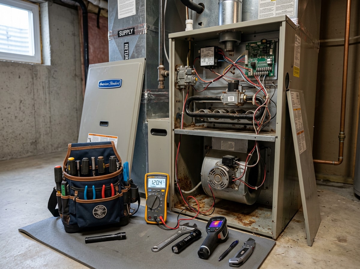 HVAC technician performing seasonal maintenance on a home heating system