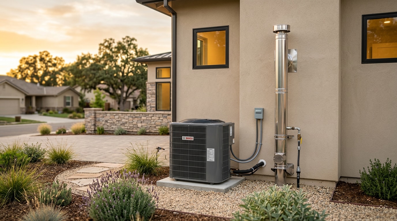 Heat pump and furnace exterior units installed at a Rancho Cordova, CA home