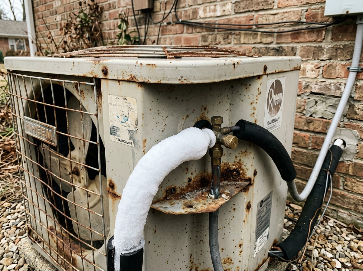 Checklist graphic showing signs a heating and air conditioning system needs replacement, including unit age, R-22 refrigerant, and rising energy bills