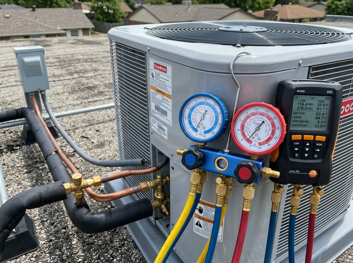 Technician performing final testing and commissioning on a newly installed outdoor condenser unit