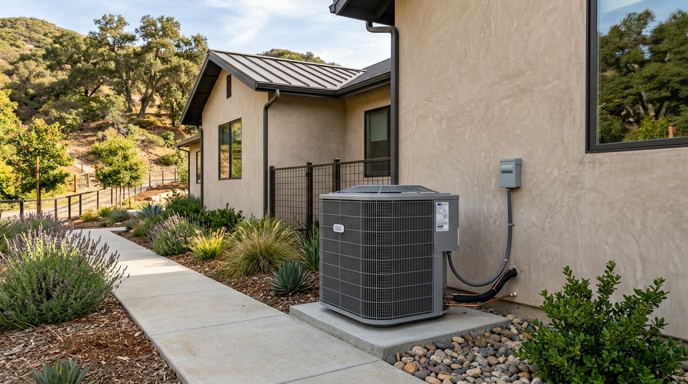 Outdoor HVAC condenser unit installed at a home in El Dorado Hills, CA Outdoor HVAC condenser unit installed at a home in El Dorado Hills, CA