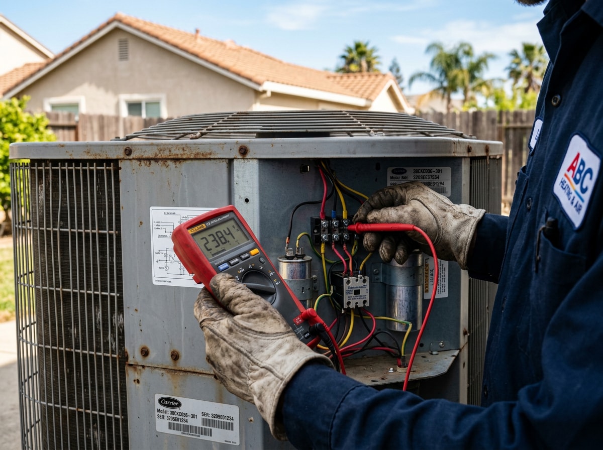 HVAC technician inspecting an outdoor condenser unit at a home in Lincoln, CA