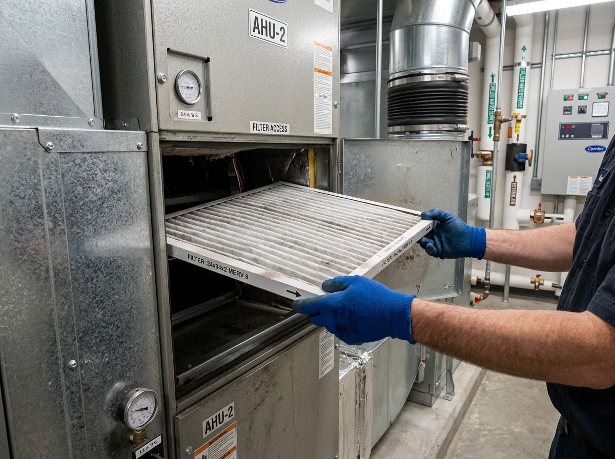 Close-up of a technician checking an air filtration panel inside an HVAC system