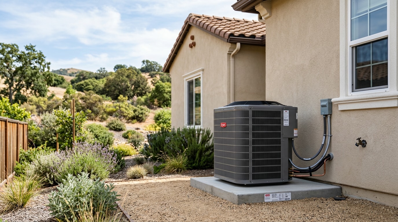 Residential HVAC condenser unit outside a home in Lincoln, CA