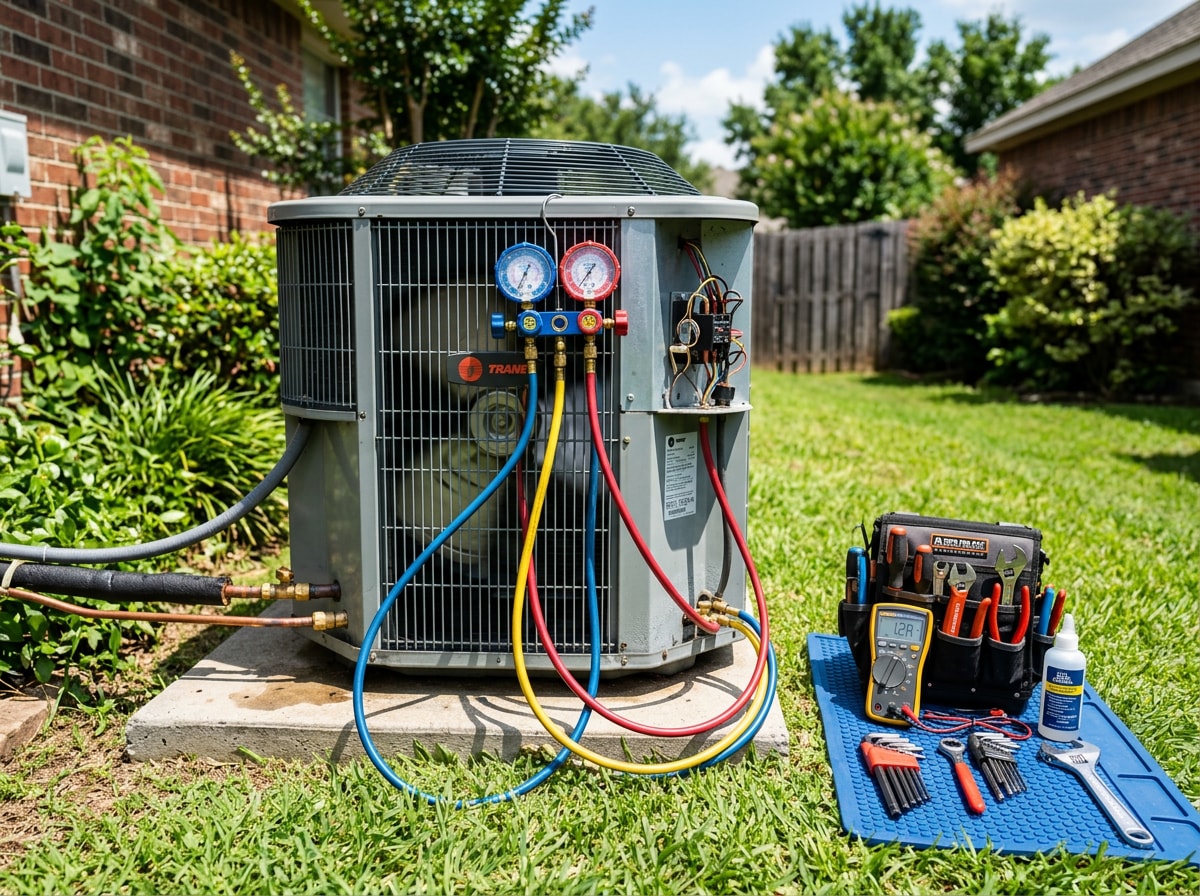 HVAC technician servicing an outdoor air conditioning unit during Rancho Cordova summer heat