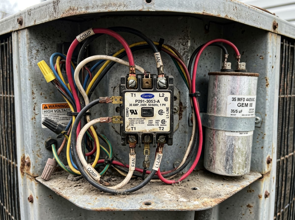 Close-up of an AC contactor and electrical components inside a residential outdoor condenser unit