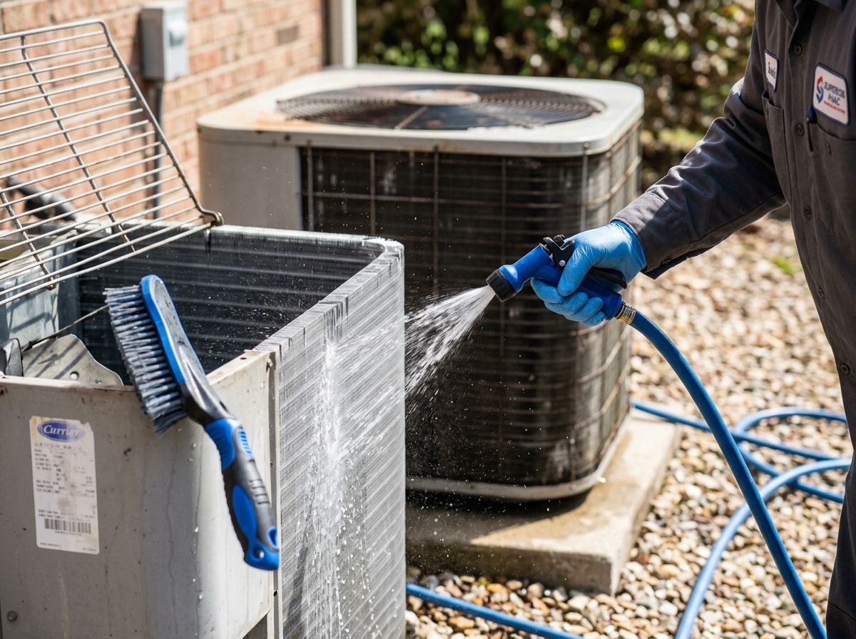 HVAC technician performing routine AC maintenance and coil cleaning on a residential unit