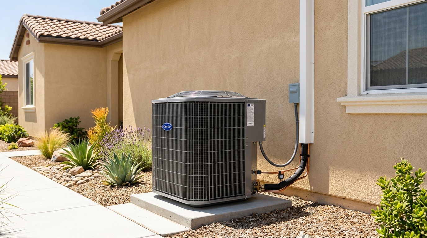 Residential central air conditioning condenser unit installed outside a Rancho Cordova, CA home
