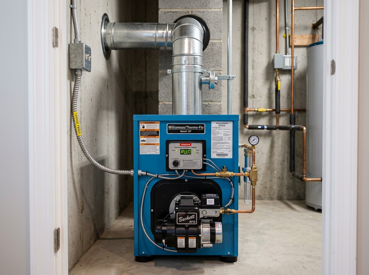 Technician completing oil furnace installation in an Arden-Arcade, CA home