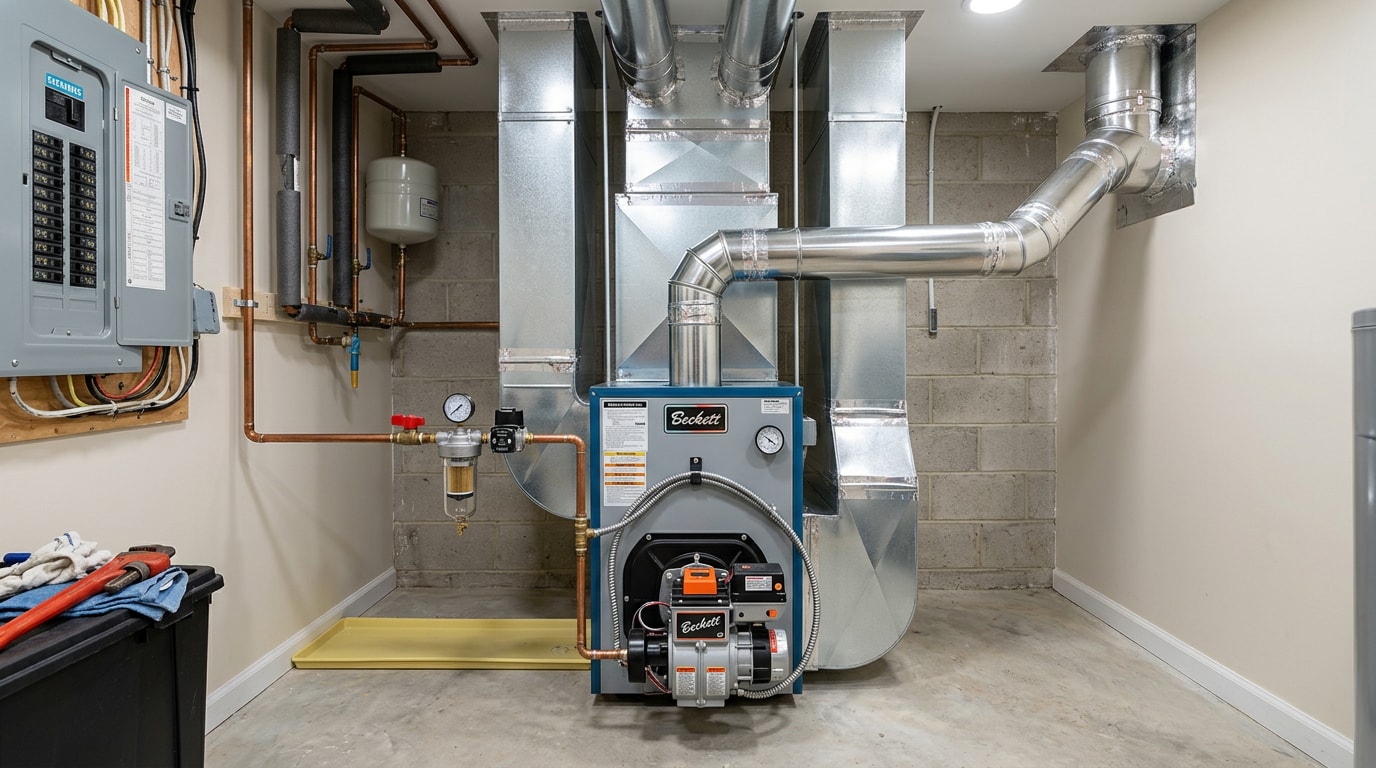 Newly installed oil furnace in a residential mechanical room Newly installed oil furnace in a residential mechanical room