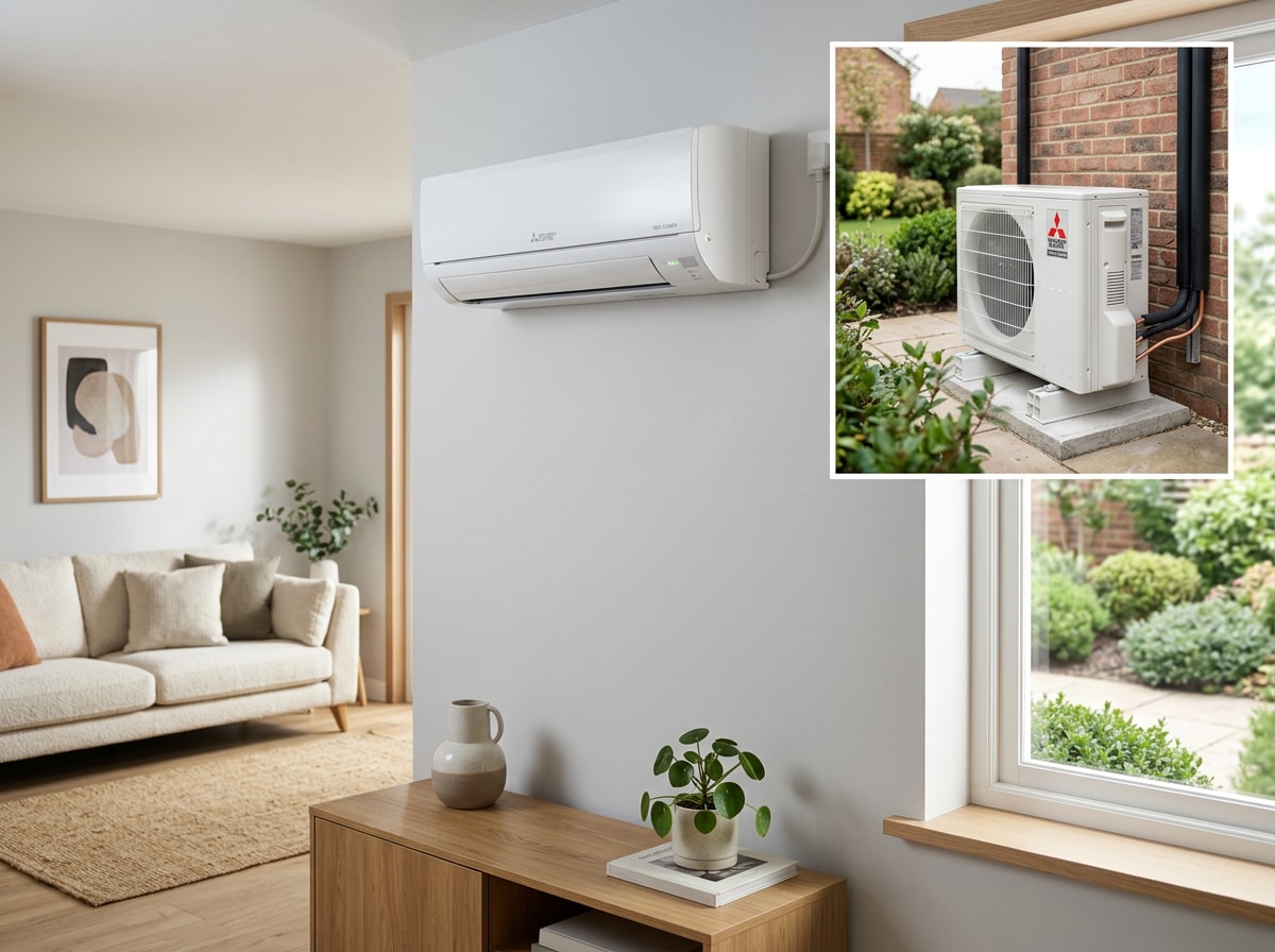 Wall-mounted indoor air handler and matching outdoor condenser of a newly installed ductless mini-split system